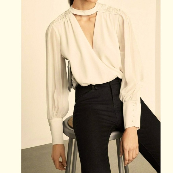 $298 NWT BCBGMAXAZRIA EMBELLISHED LONG SLEEVE FAUX WRAP BODYSUIT GARDENIA SZ 06 - Picture 3 of 17